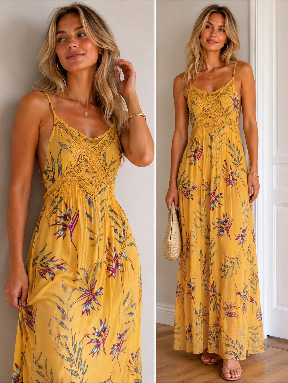 Roxy Yellow Floral Maxi Dress - Small
